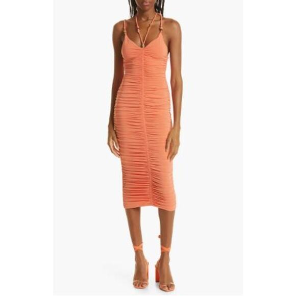 ALC Allegra Ruched Bead Embellished Midi Dress Bodycon Halter Orange Size Medium - Picture 2 of 12